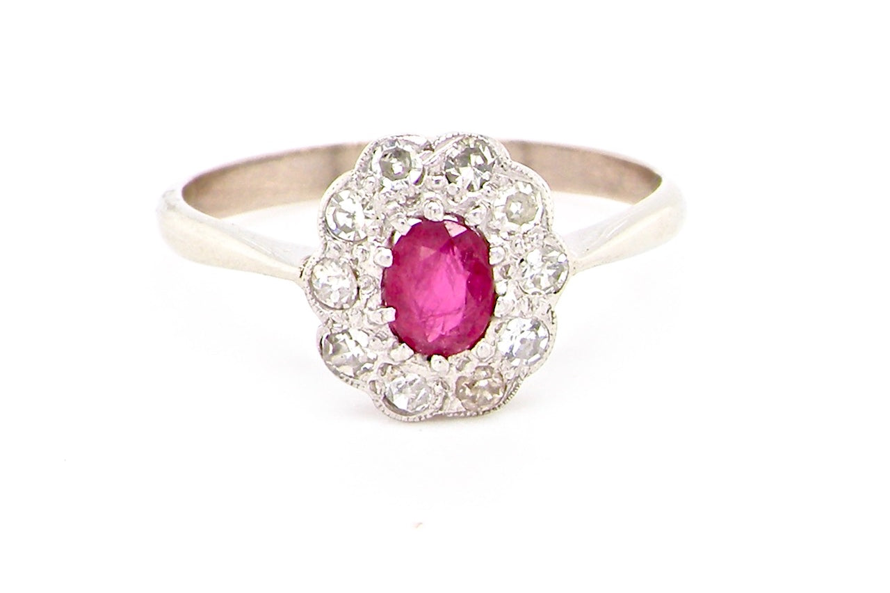mid 20th century platinum ruby and diamond cluster ring