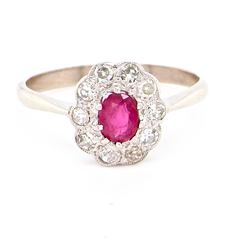 mid 20th century platinum ruby and diamond cluster ring