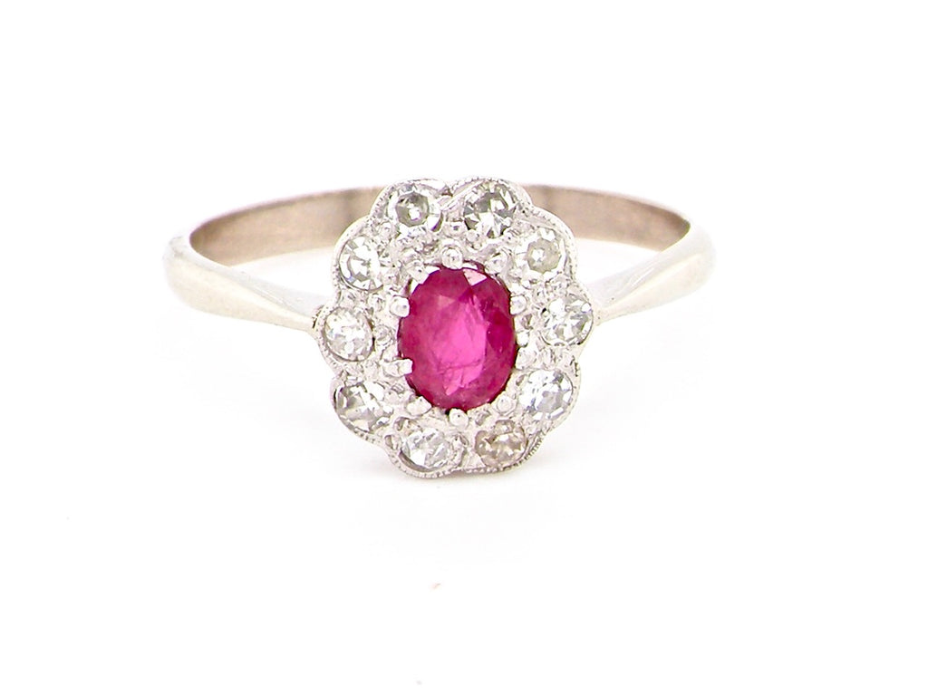mid 20th century platinum ruby and diamond cluster ring