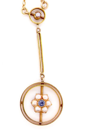  Edwardian 15 carat gold sapphire and pearl pendant