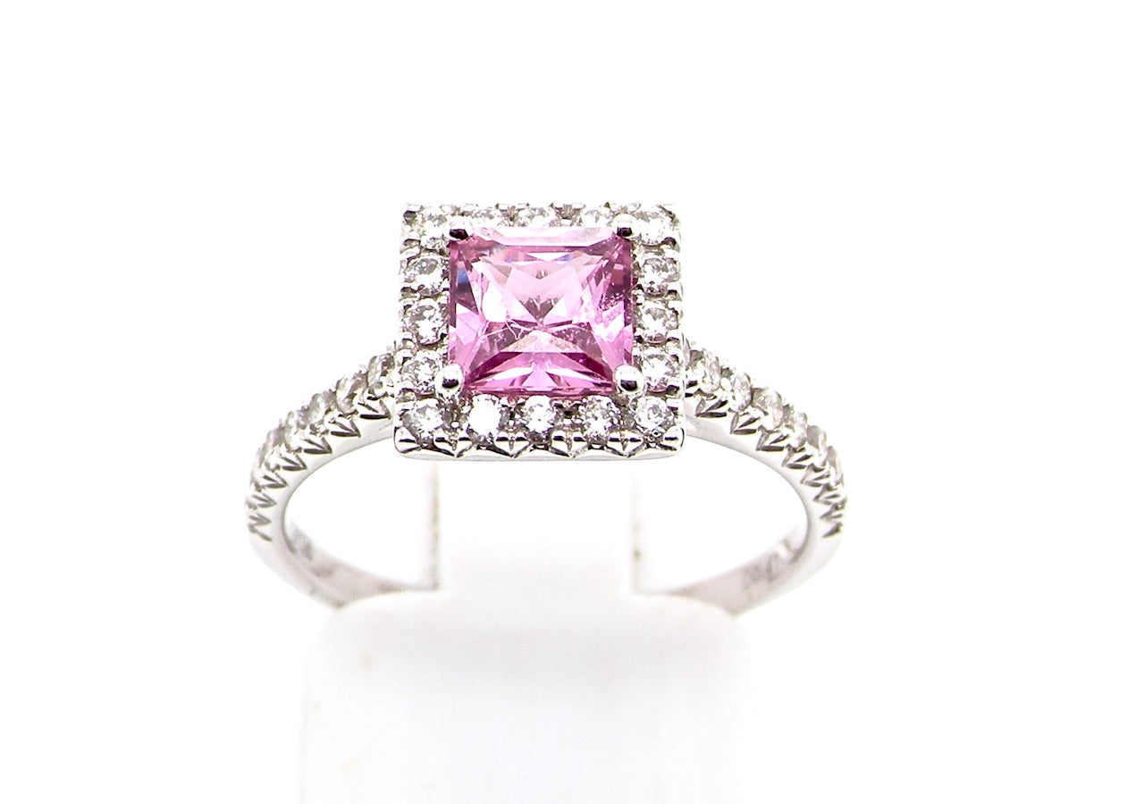 pink sapphire and diamond square cluster ring