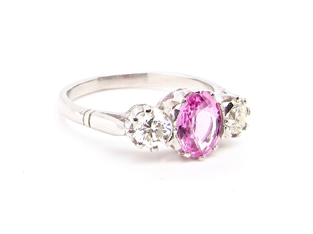 vintage platinum three stone pink sapphire and diamond ring