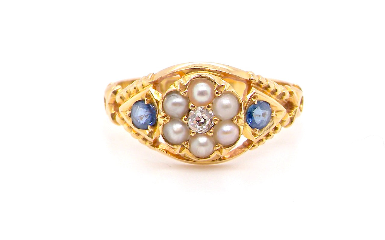 Edwardian 18ct gold antique sapphire, pearl and diamond cluster ring