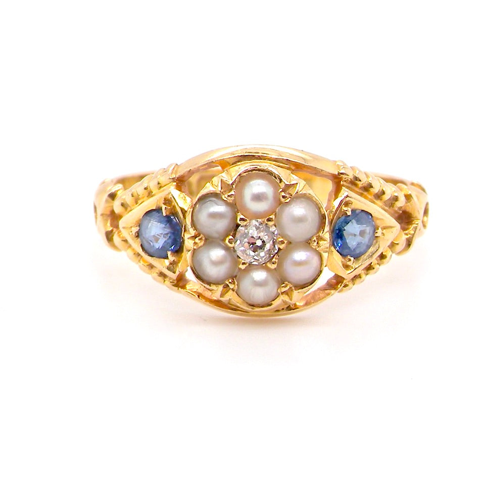 Edwardian 18ct gold antique sapphire, pearl and diamond cluster ring