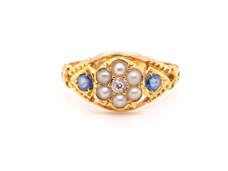 Edwardian 18ct gold antique sapphire, pearl and diamond cluster ring