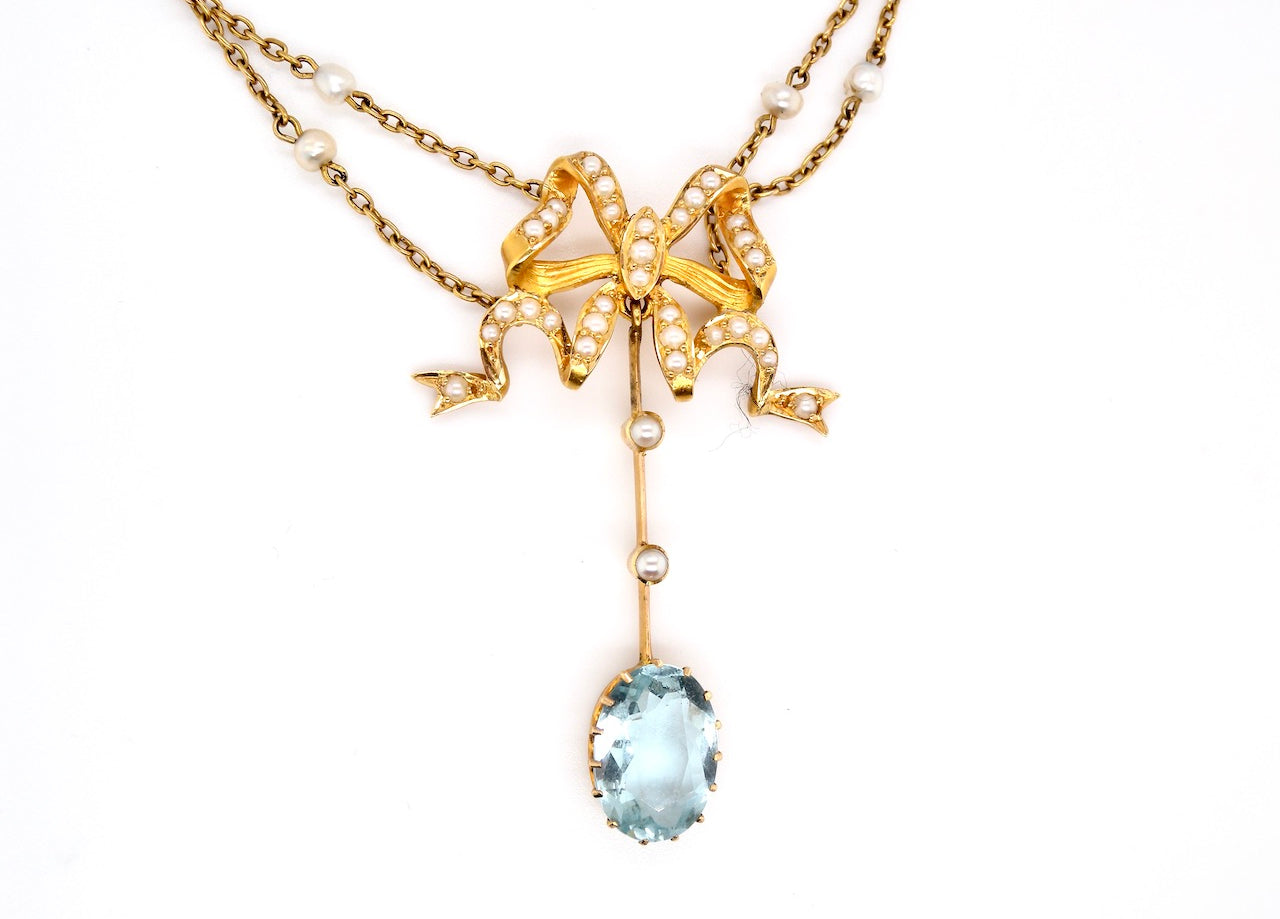 Edwardian gold aquamarine and pearl necklace