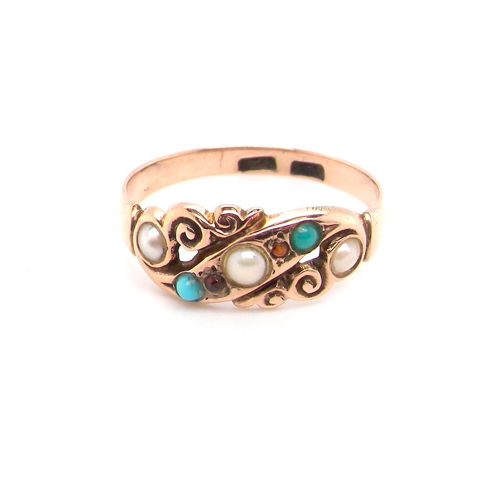 Victorian pearl, garnet and turquoise dress ring