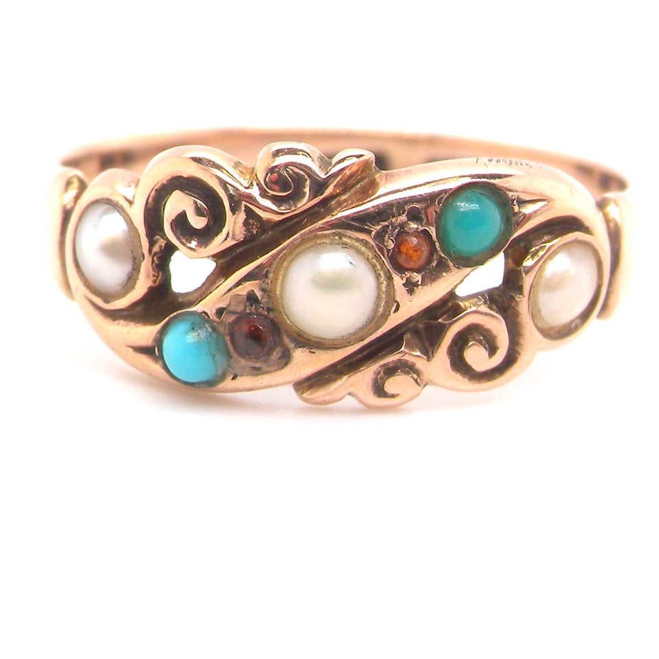 Victorian pearl, garnet and turquoise ring