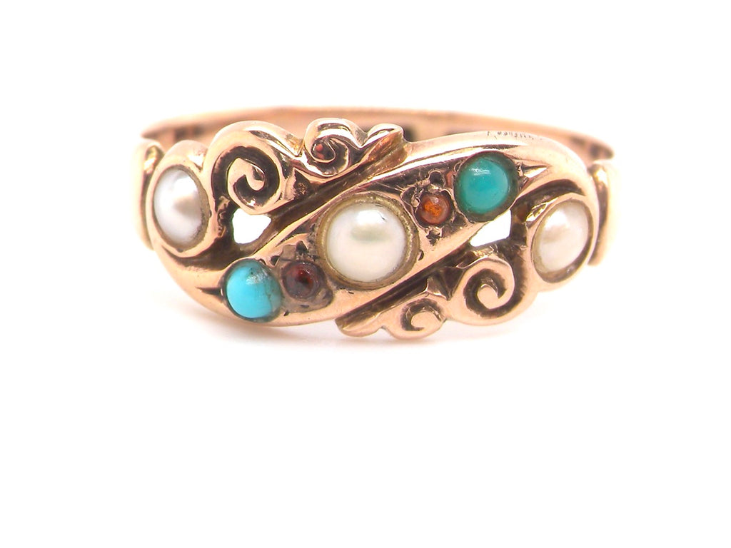 Victorian pearl, garnet and turquoise ring