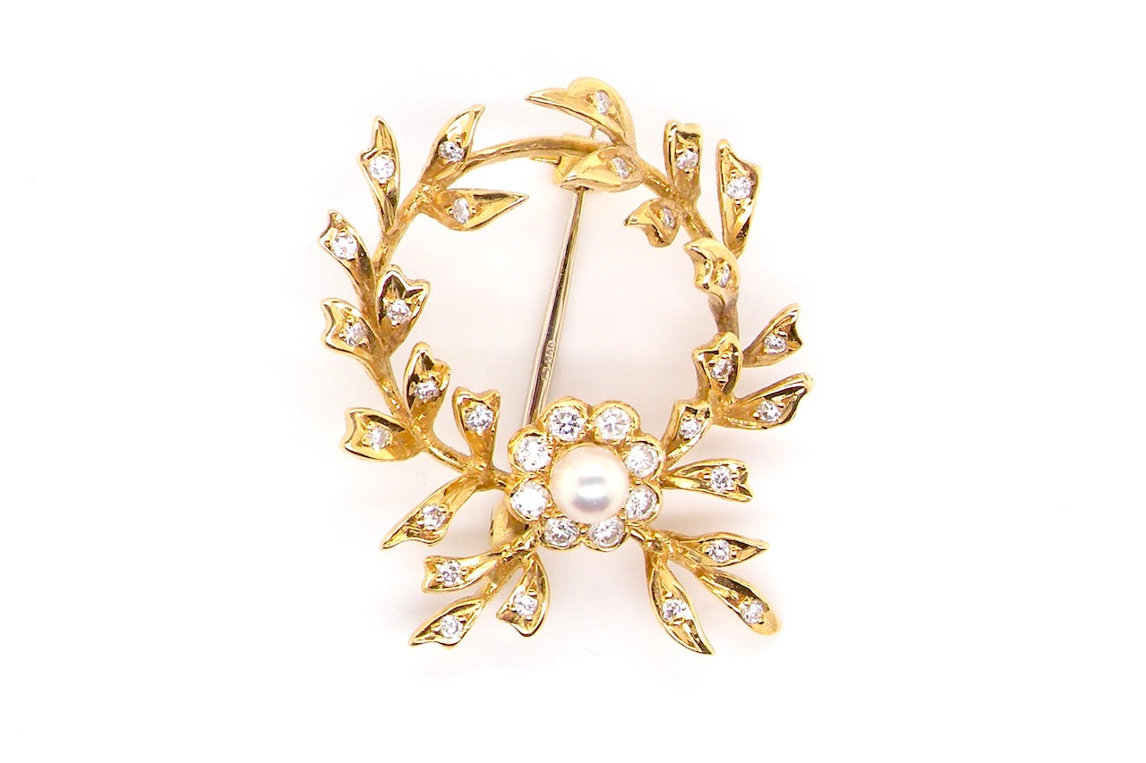 vintage 18 carat gold pearl and diamond brooch