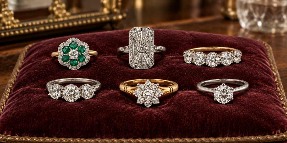 Vintage Engagement Ring Settings Explained: Solitaire, Cluster, Trilogy and More
