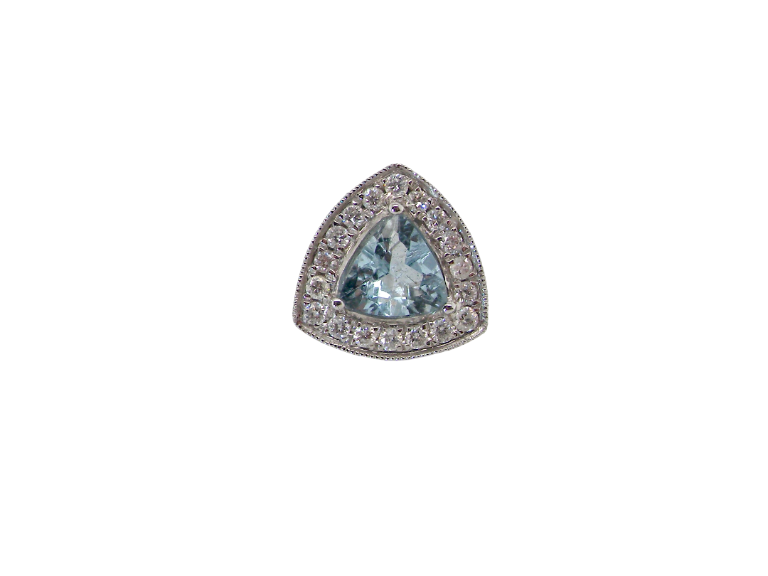 18 carat white gold cluster earring, each containing a trapeze cut aquamarine 6x6x6mm (1 carat) surrounded by eighteen x 0.02 carat brilliant cut white diamonds.