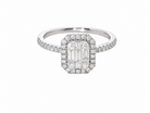 A rectangular diamond cluster ring. Centre portion is set with three baguette cut white diamonds 3x1.6mm and six mixed cut diamonds 2mm each.&nbsp;

Surrounded by a halo of twenty two small round diamonds