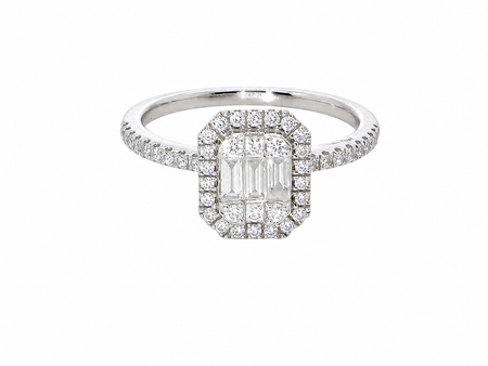 A rectangular diamond cluster ring. Centre portion is set with three baguette cut white diamonds 3x1.6mm and six mixed cut diamonds 2mm each.&nbsp;

Surrounded by a halo of twenty two small round diamonds