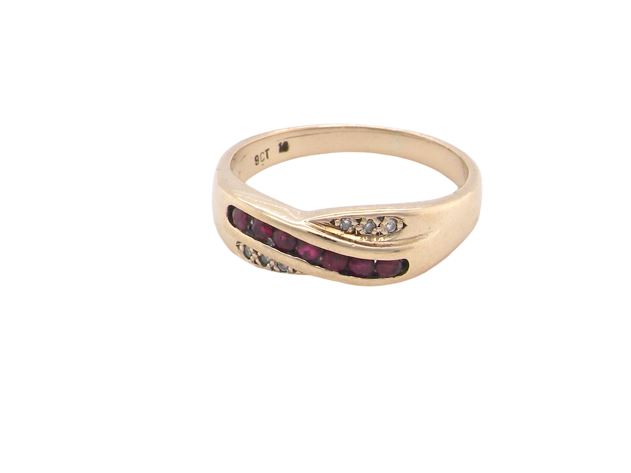 A 9 carat Gold Crossover Ring with Rubies and Diamonds