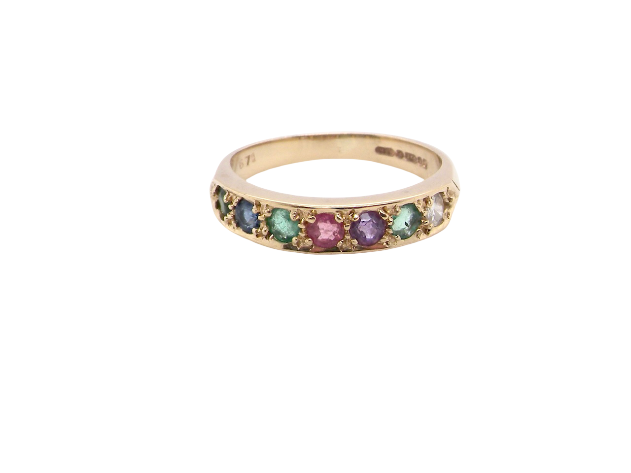 A 9 carat gold acrostic dress ring, set with various gemstones the initials of each spelling the word DEAREST.