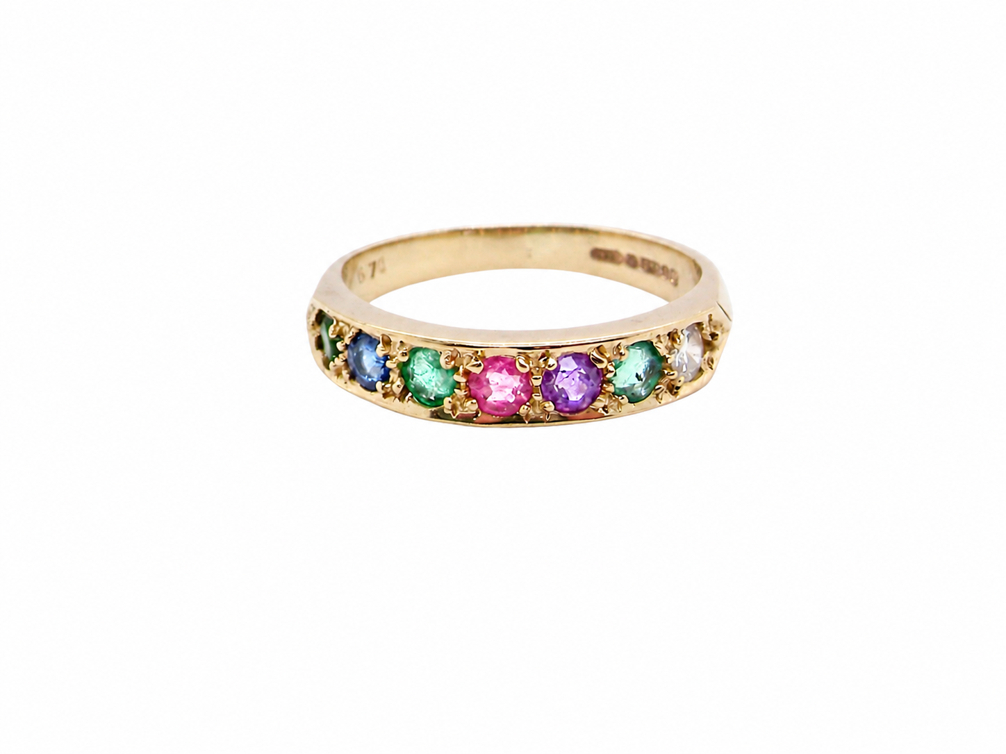 A 9 carat gold acrostic dress ring, set with various gemstones 