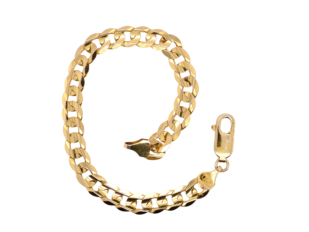 A 9 carat gold chain bracelet. Links are curb style, diamond cut, each link 8x7mm.
