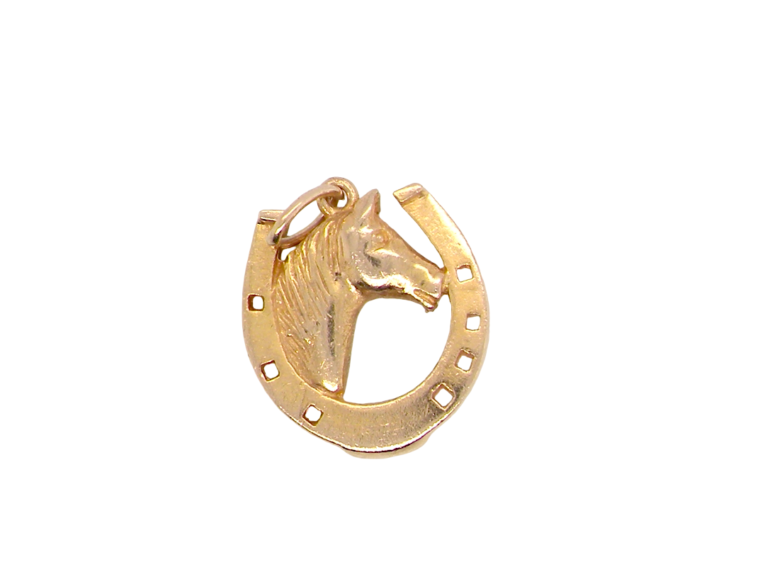 A 9 carat gold charm in the shape of a horseshoe with a horses head profile to the centre.
