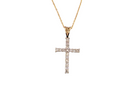 A 9 carat gold cross pendant. Set with fifteen small brilliant cut white diamonds.

Each 1.6mm, total carat weight estimated at 0.30 carats. Colour i-k, clarity Si. Overall size 18x12.5mm. 