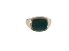 A vintage-style signet ring featuring a square bezel-set dark green stone with tiny red flecks, set in a polished gold-tone band, shown against a plain white background.