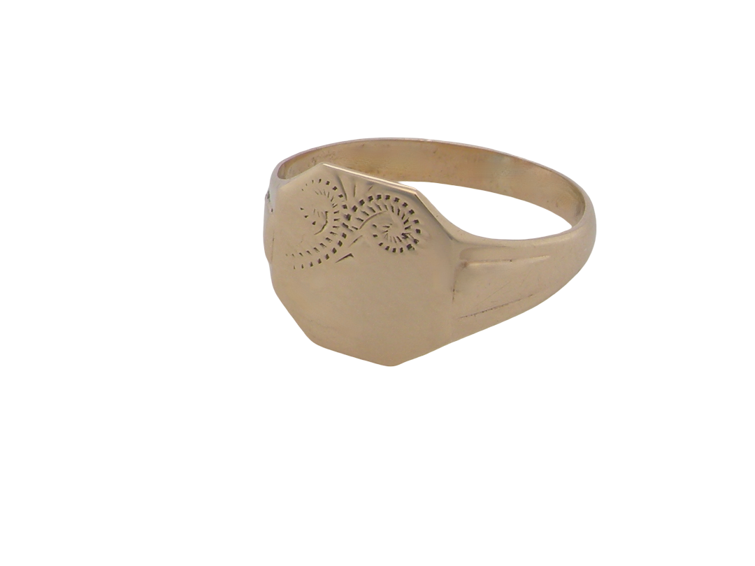 A 9 carat gold gentlemans signet ring. The head is eight sided, half hand engraved, measures 11.9x11.9mm, 
