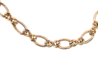 A close-up of a gold-toned chain necklace with alternating oval and twisted figure links, shown against a plain white background.