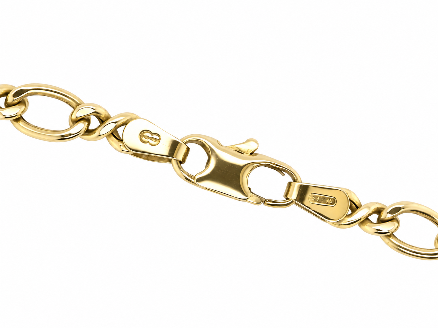 A close-up of a polished yellow gold chain bracelet showing a lobster clasp and links on a plain white background.