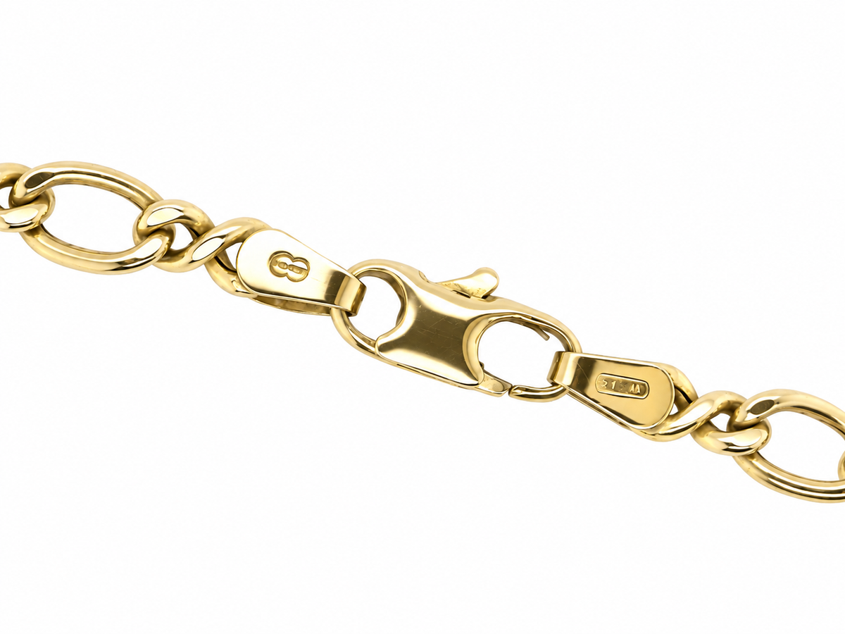 A close-up of a polished yellow gold chain bracelet showing a lobster clasp and links on a plain white background.