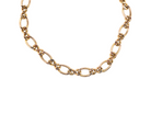 A gold-toned chain necklace with elongated oval links and alternating twisted center details, photographed on a plain white background.