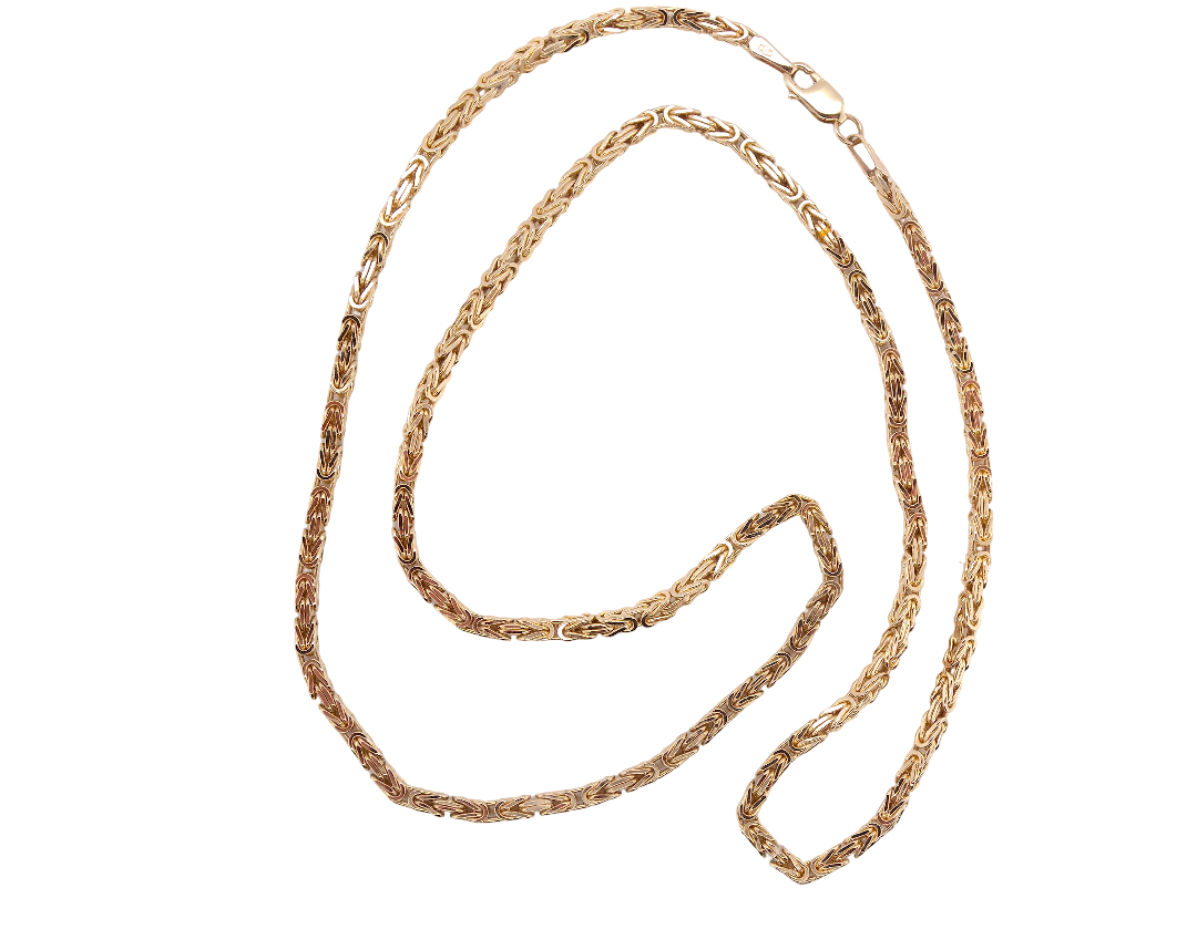 A gold-colored rope chain necklace with a lobster clasp, coiled on a plain white background.