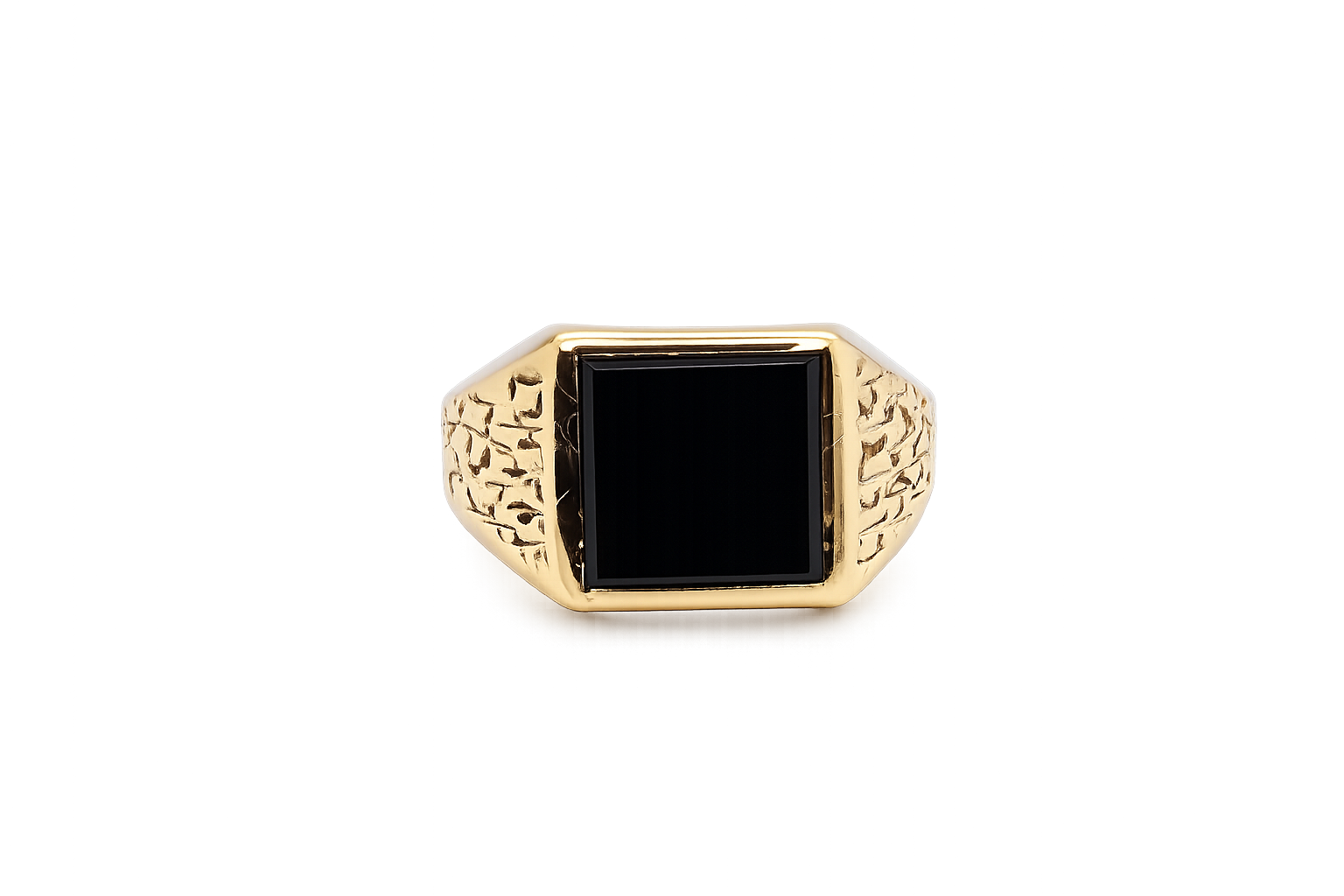 A 9 carat gold signet ring. Features a square cut black onyx stone, 10x10mm (est) .
