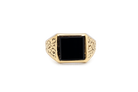 A 9 carat gold signet ring. Features a square cut black onyx stone, 10x10mm (est) .
