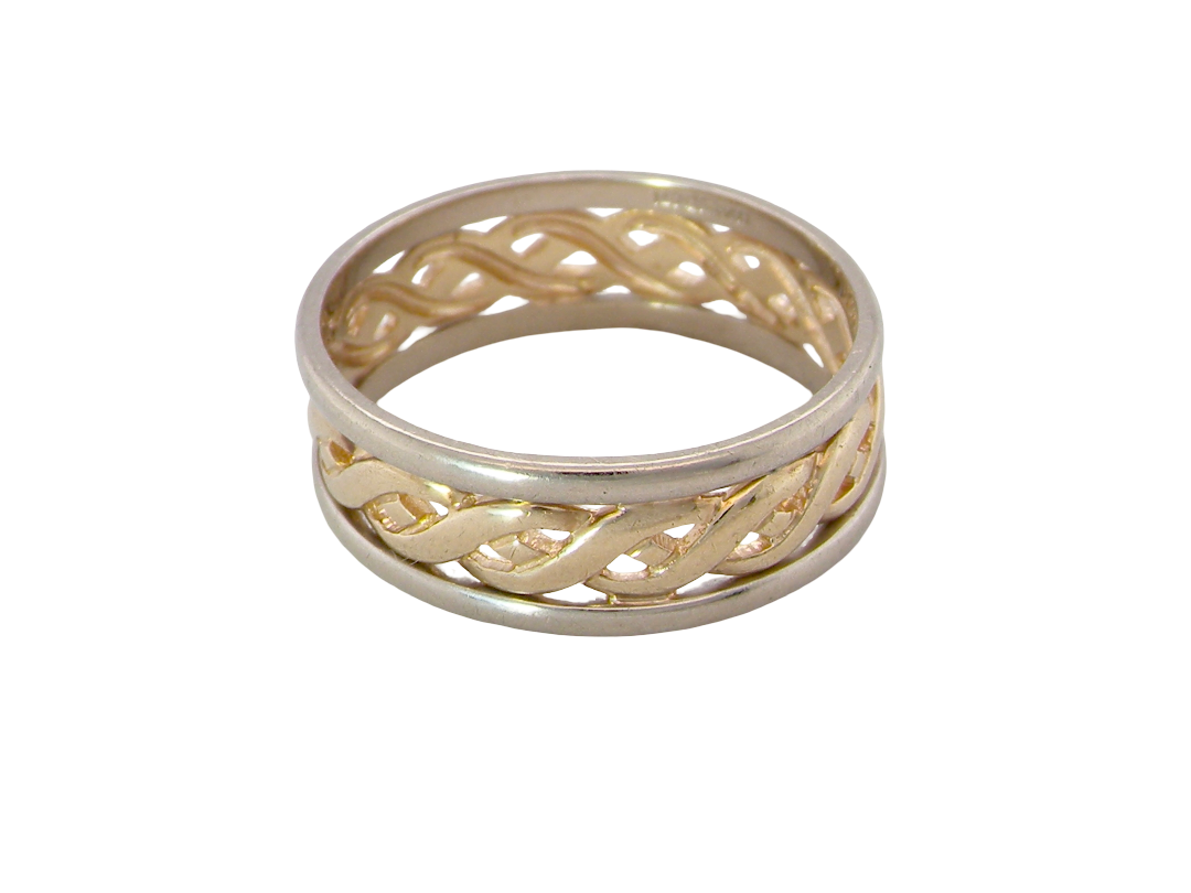 A two-tone braided ring band featuring one polished gold half and one silver half, shown on a plain white background.