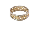 A two-tone braided ring band featuring one polished gold half and one silver half, shown on a plain white background.