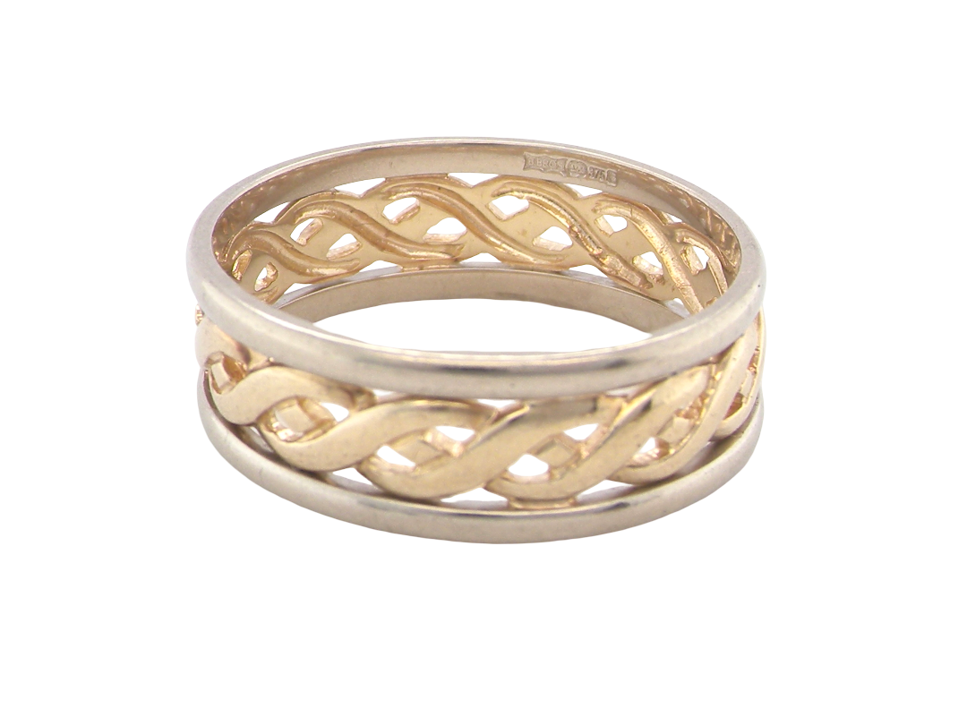A yellow gold band ring with a braided, twisted openwork design, photographed on a clean white background.