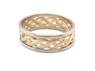 A yellow gold band ring with a braided, twisted openwork design, photographed on a clean white background.