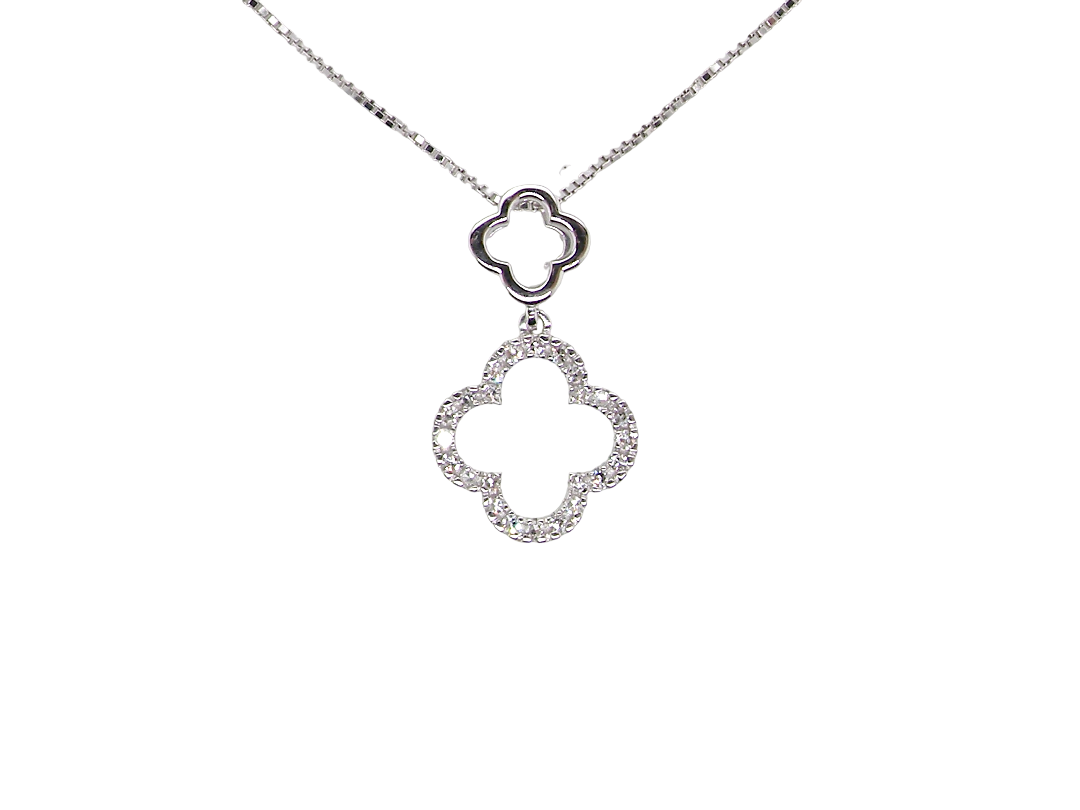 A 9 carat white gold pendant in the 'Alhambra' style. Set with twenty four small white diamonds, carat total 0.12 carats.