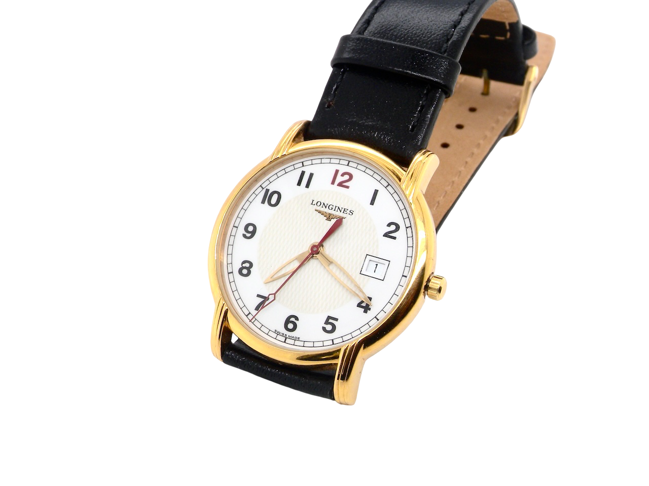 A gold plated wrist watch by Longines.
