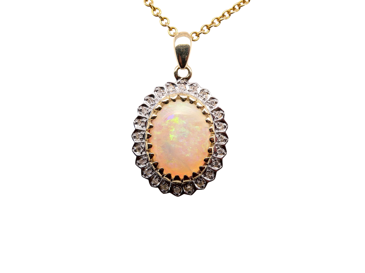 Opal pendant necklace with gold chain on a white background