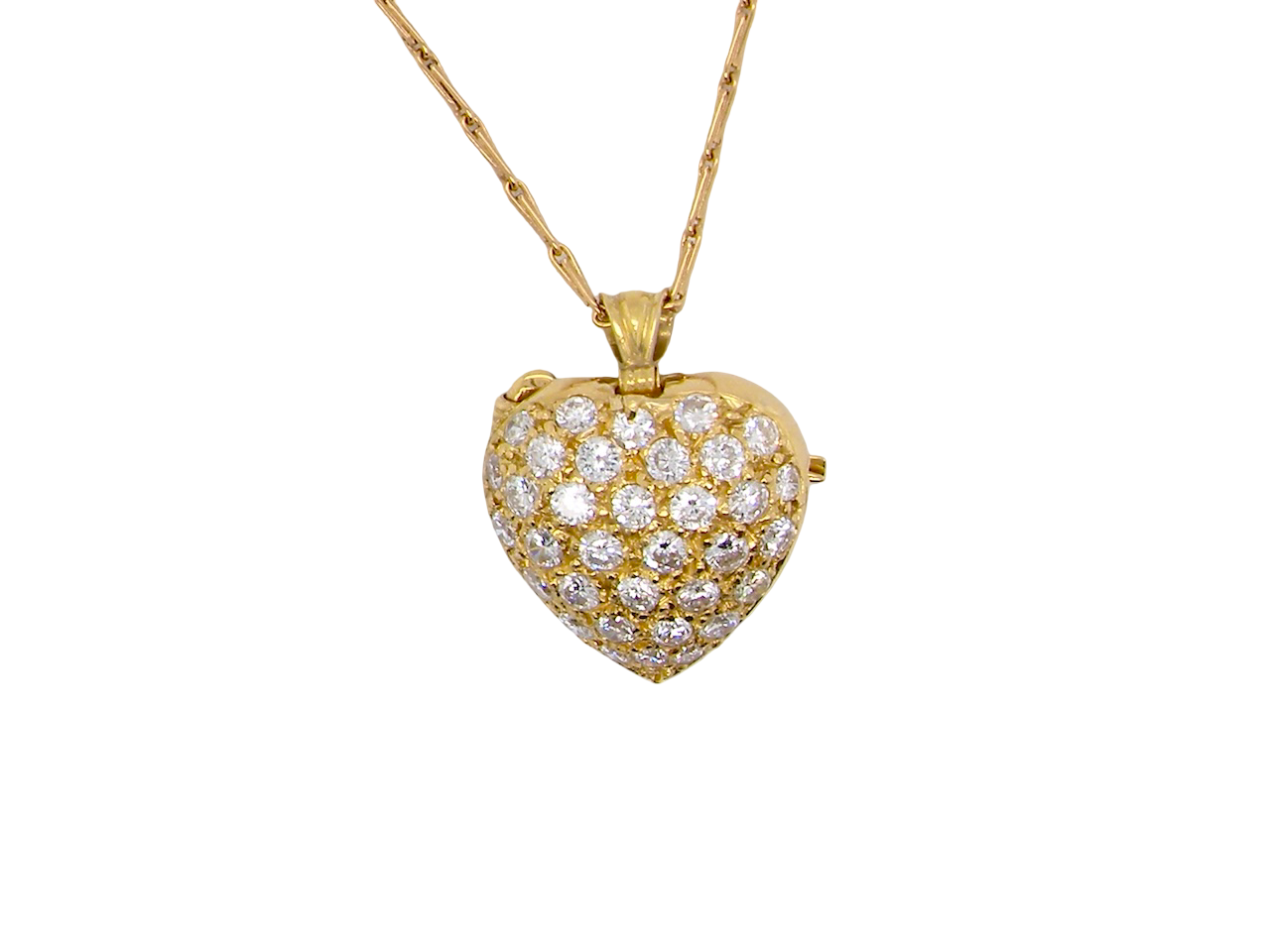 Gold heart-shaped necklace with diamond accents on a white background