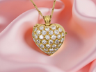 Gold heart-shaped pendant with diamonds on a pink fabric background