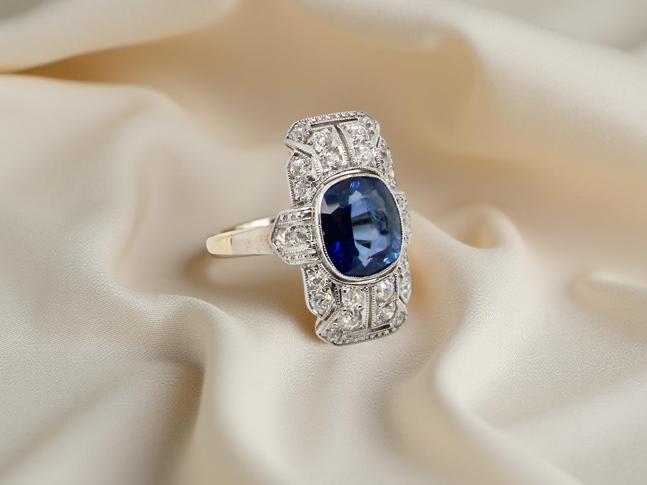 A Fabulous Art Deco Sapphire and Diamond Plaque Engagement Ring