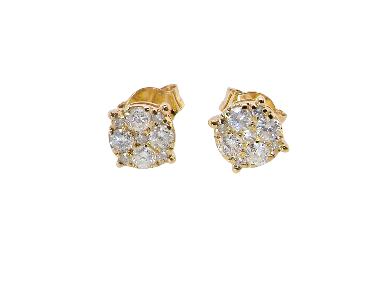Gold earrings with diamond studs on a white background