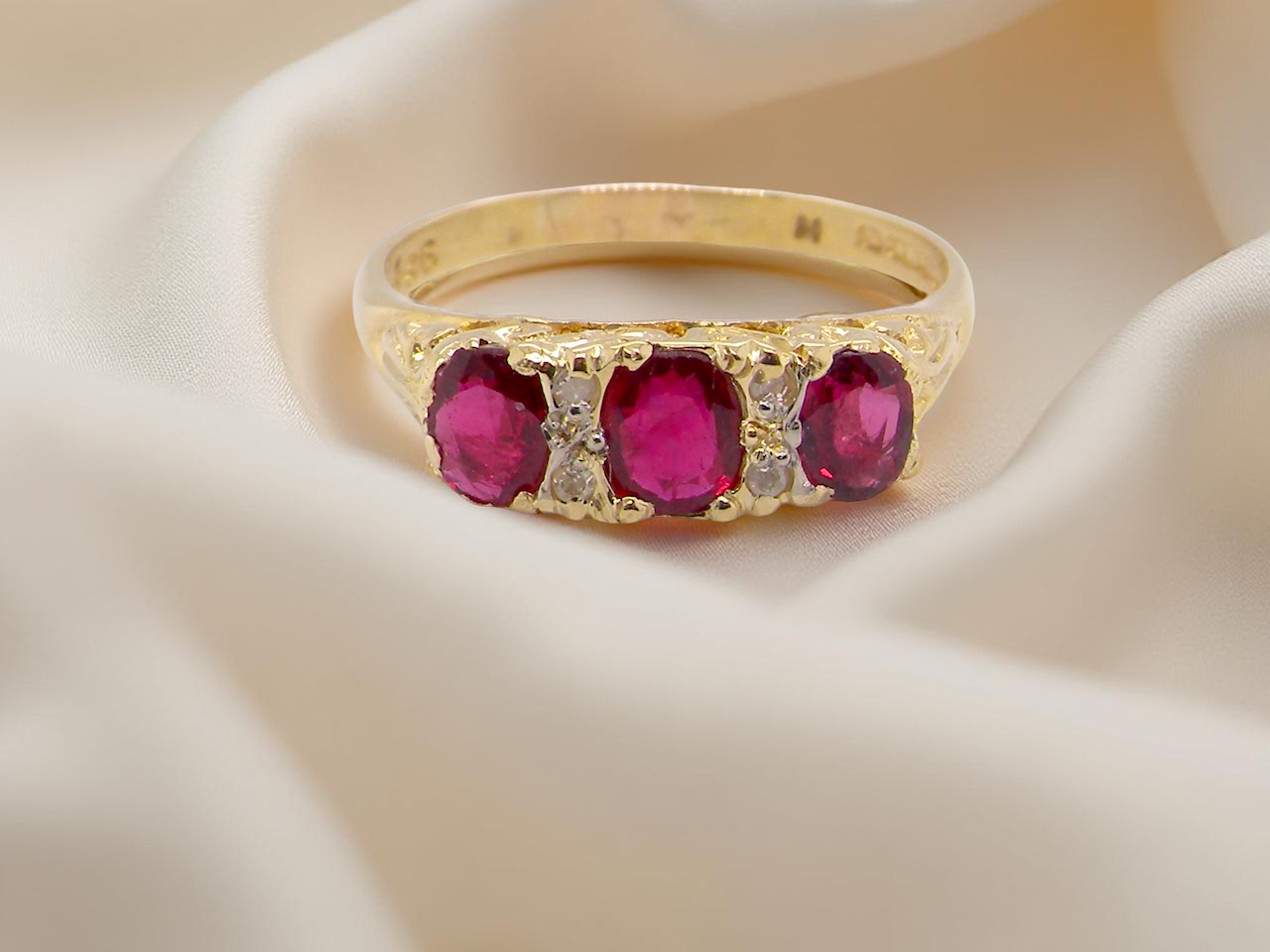 A Victorian Style 18 carat Gold Ruby &amp; Diamond Boat Ring (London 1978)