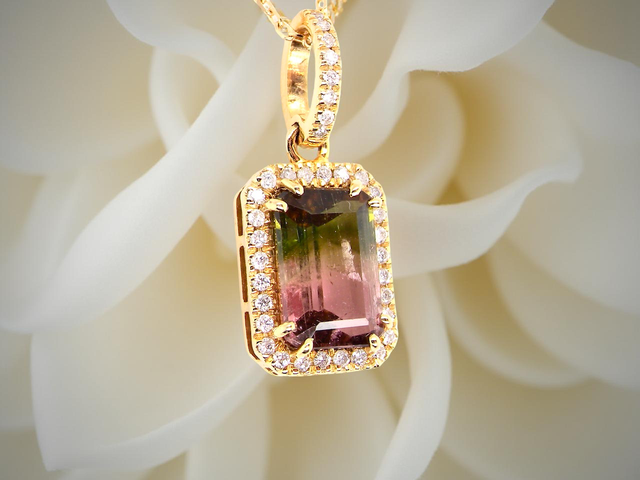 A Water Melon Tourmaline and Diamond Pendant