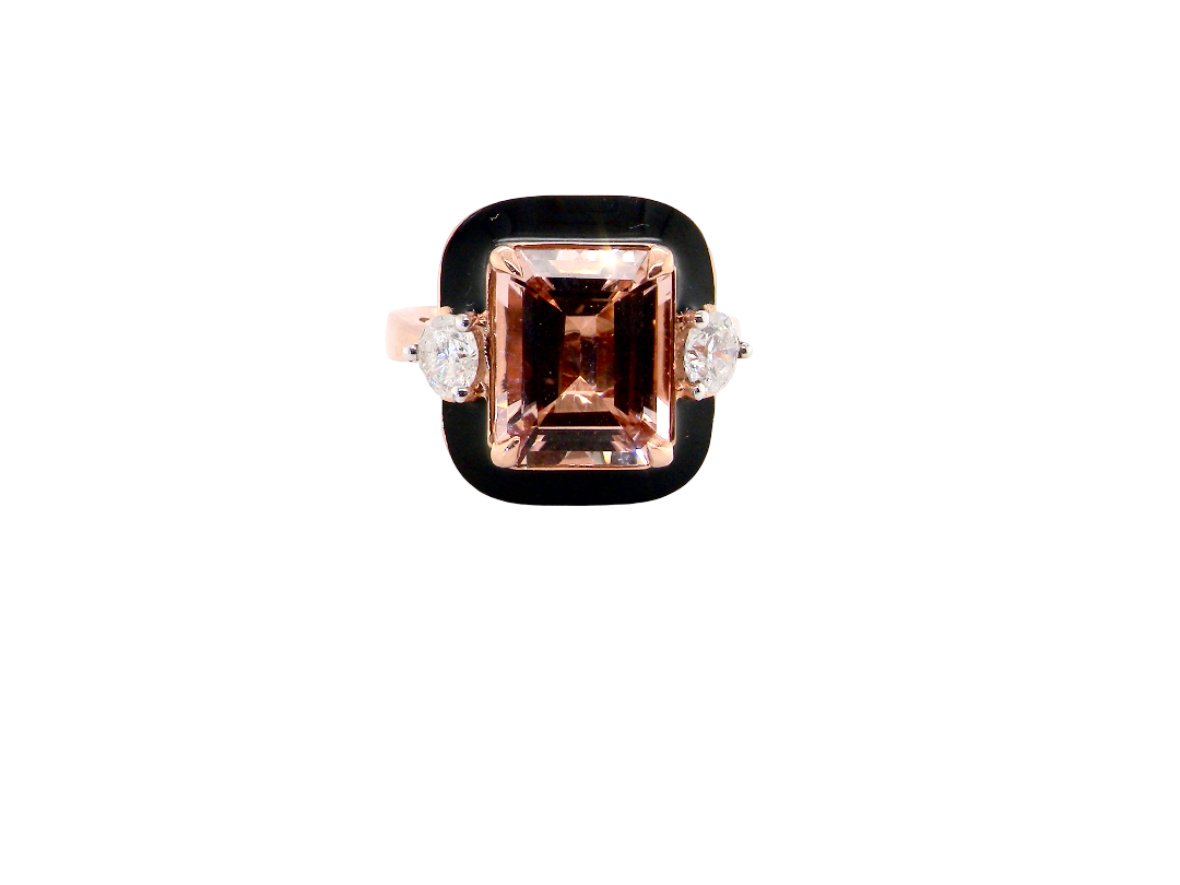 A rose gold ring featuring a large square-cut peach morganite center stone and two small round-cut clear accent stones on either side, set against a black background.