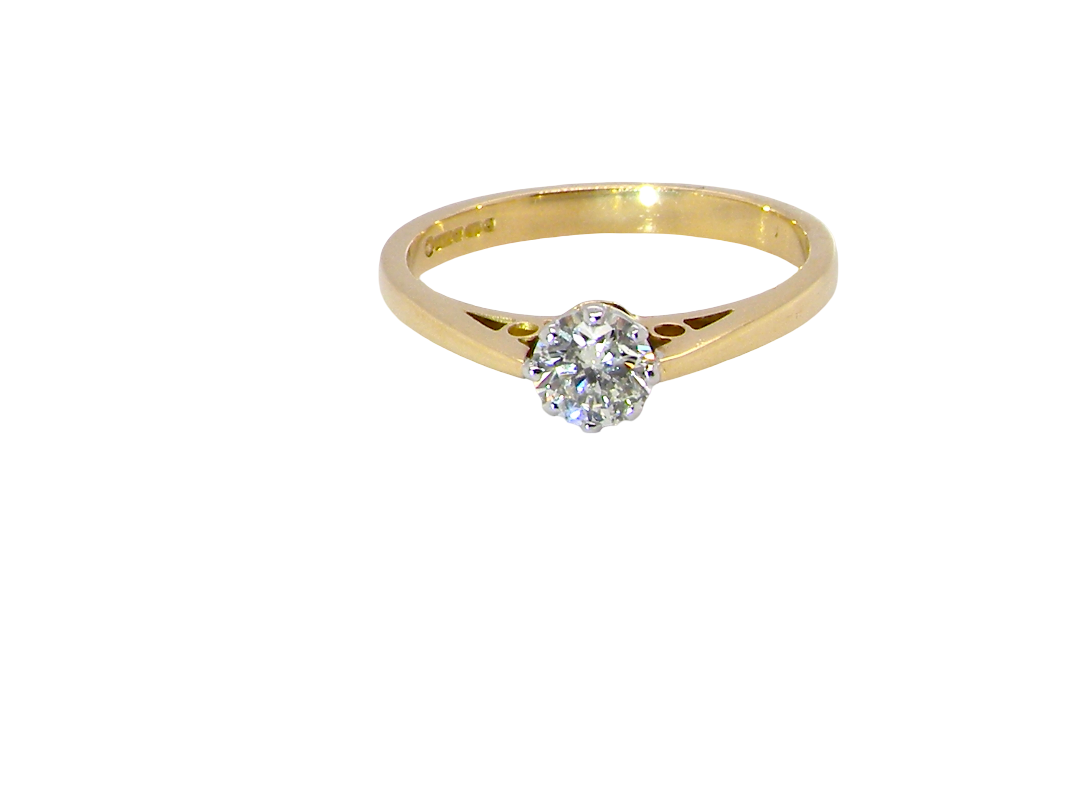 A classic solitaire ring. Features a single brilliant cut white diamond, measures 5mm (est 0.50 carats) Colour H-j, clarity Si.

Head is claw set, platinum, head 5.2mm, depth 5.4mm, weight 2.9 grams.&nbsp;
