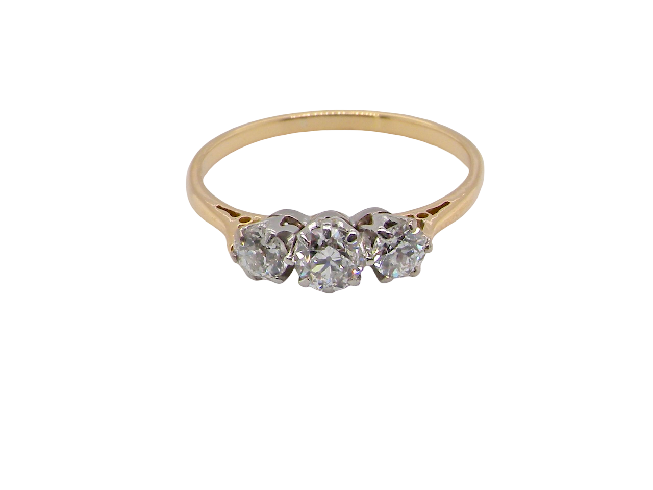 Gold ring with three diamonds on a white background
