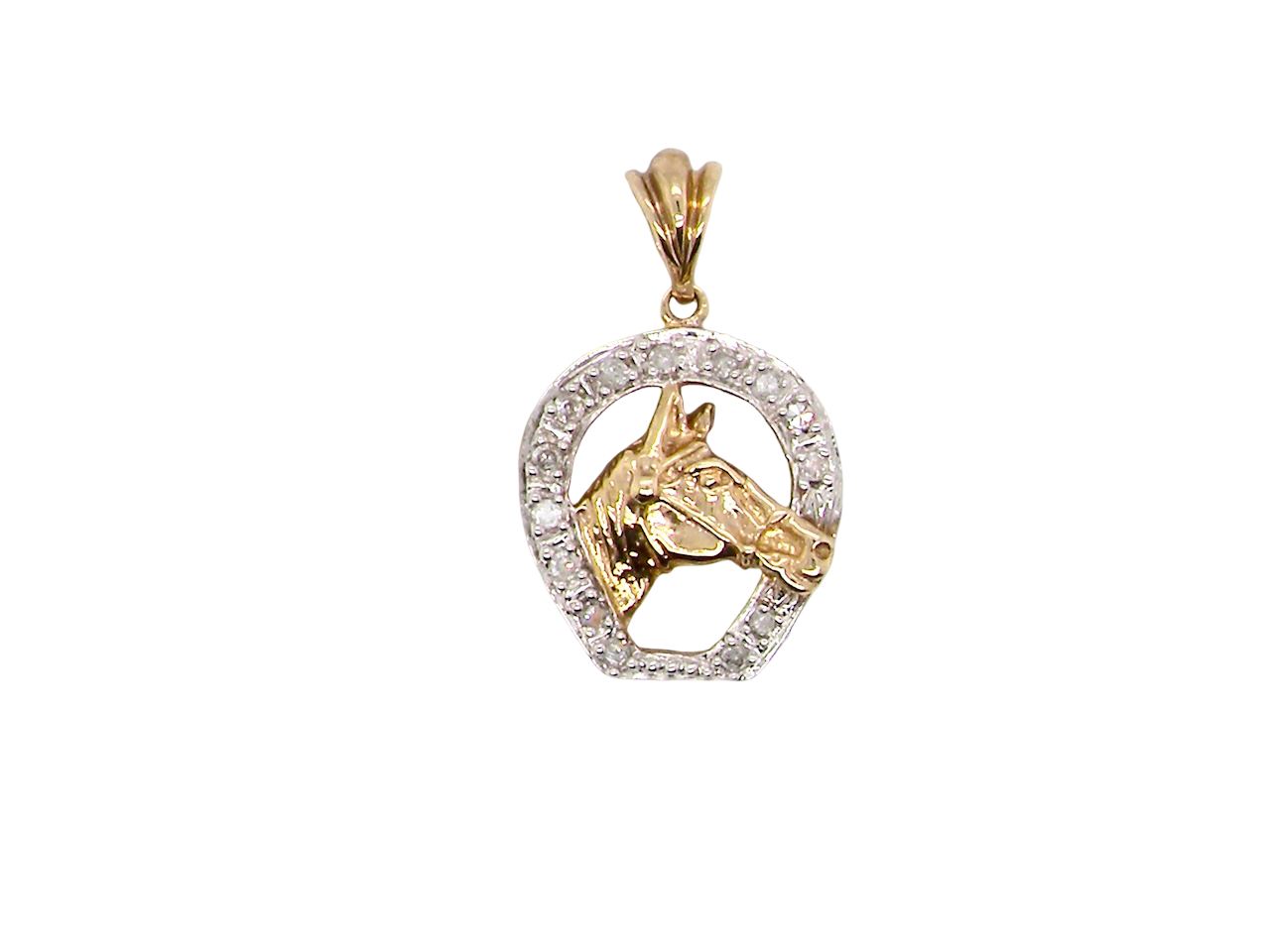 Gold and silver horse pendant on a white background